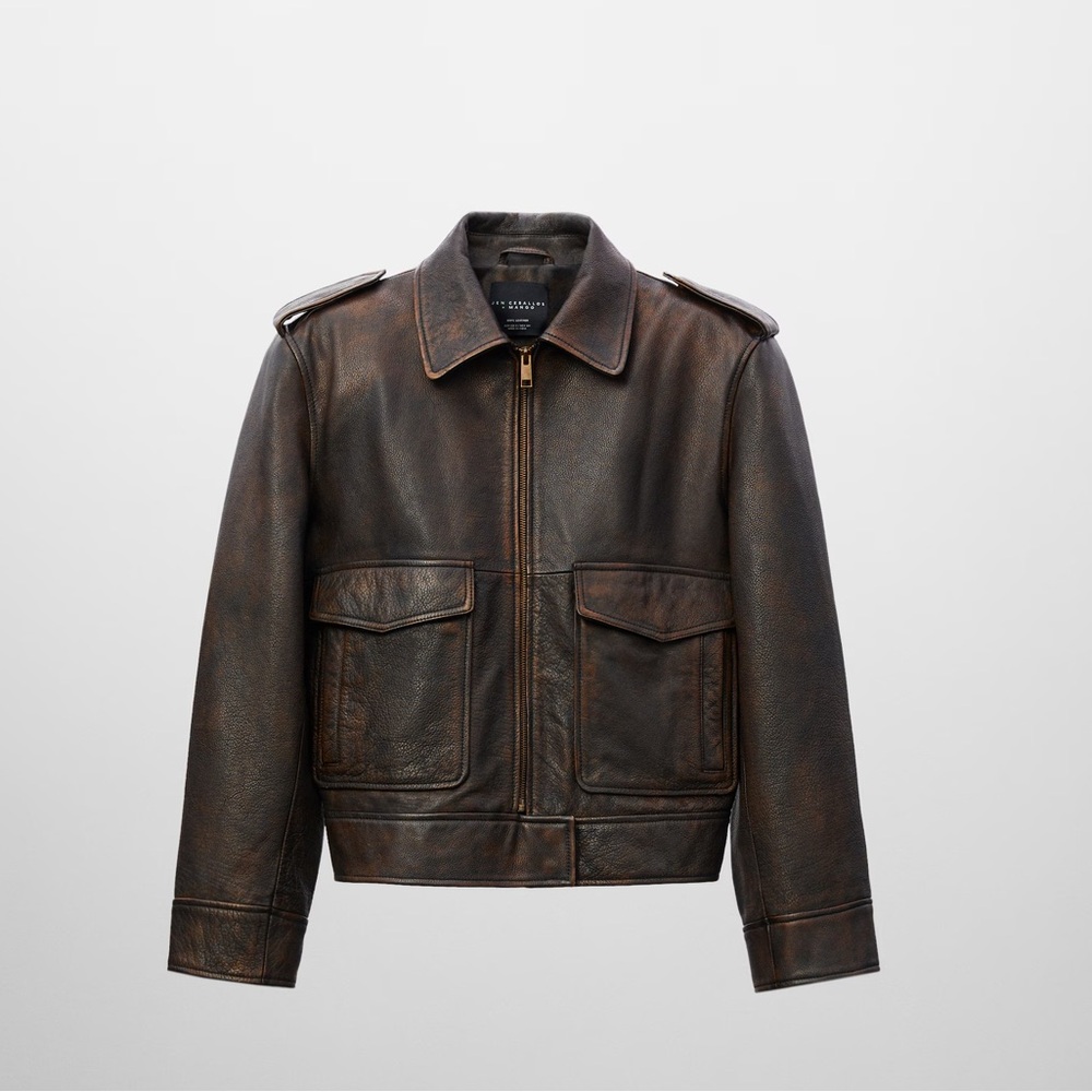 Jen Ceballos x Mango Brown Distressed Leather Bomber Jacket 100% genuine leather